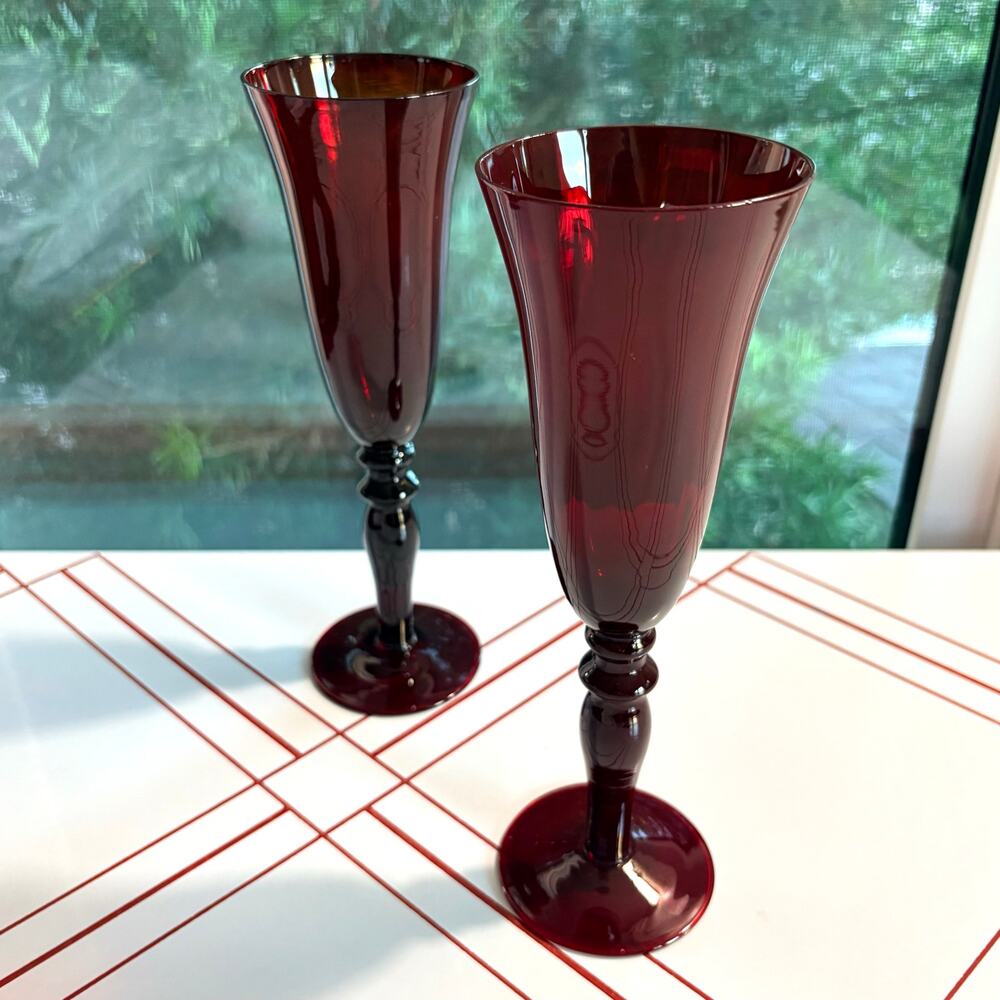 Fifth Avenue Ruby Red Champagne Flutes Set of 2 | Vintage Crystal 9 3/8”